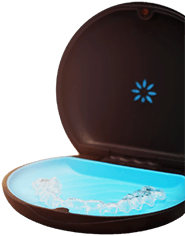 An open, round Invisalign case representing a Diamond Invisalign Provider.