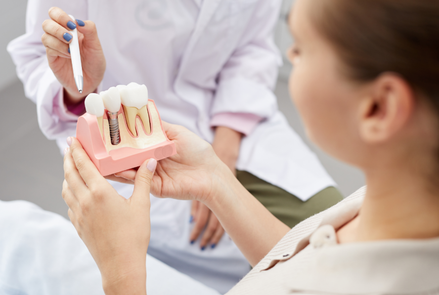 Dentist showing patient model dental implant